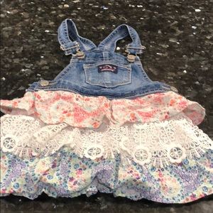 3T girls jean overalls with lace and ruffles.
